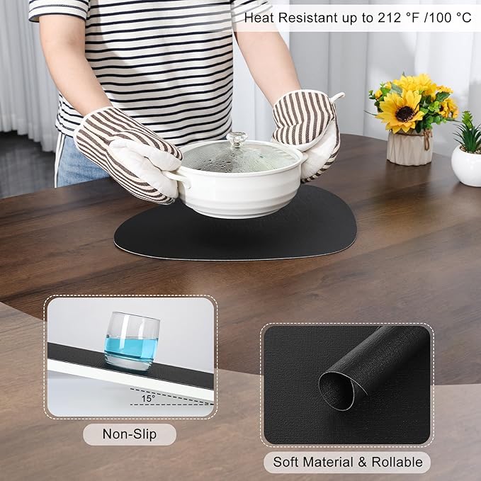 Placemats and Coasters, Washable Reversible Placemats Round Faux Leather Wipeable Place Mats Non Slip Heat Resistant Indoor Outdoor Table Mats (Set of 6, Black)