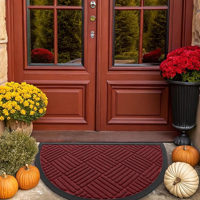 Smiry Half Circle Front Door Mat Outside Entrance,Heavy Duty Outdoor Indoor Natural Rubber Doormat,Non Slip,Trap Dirt and Moisture,Easy Clean,Low Profile Patio Porch Entryway Mat,29.5x17, Wine Red