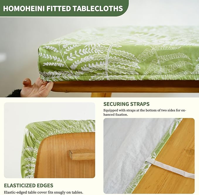 Rectangle Picnic Table Cloth, Elastic Waterproof Fitted Vinyl Tablecloths for 6 Foot Tables, Wipeable Flannel Backed Table Covers for Dining, Camping, Outdoor(Green Leaves,36"x72")