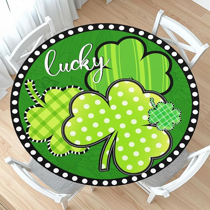St Patricks Day Round Fitted Tablecloth with Elastic Green Shamrock Lucky Circle Table Cover for 44-48" Tables Spring Clover Wipeable Waterproof Washable Table Cloth for Party Picnic Dining Decor