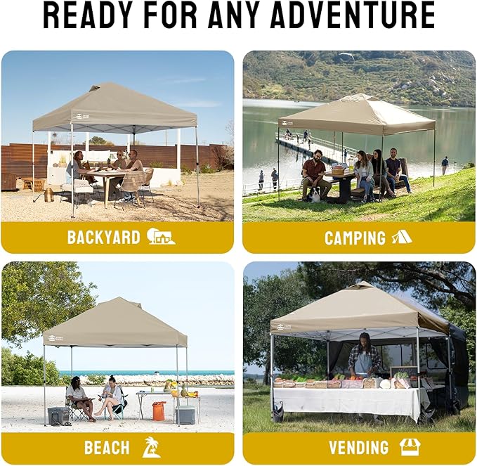 CROWN SHADES 8x8 Pop Up Canopy - Beach Tent with One Push Setup - Easy Outdoor Sun Shade for Events, Parties, Camping - Gazebo with STO-N-Go Cover Bag, Silver Coated Top, Beige