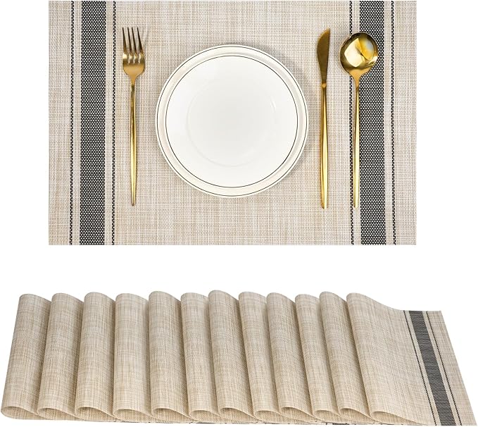 Placemats Set of 12，Non-Slip PVC Weave Table Mats Easy to Clean，Heat Resistant Place Mats for Kitchen Dining Table Decoration Indoor Outdoor，Khaki Gray