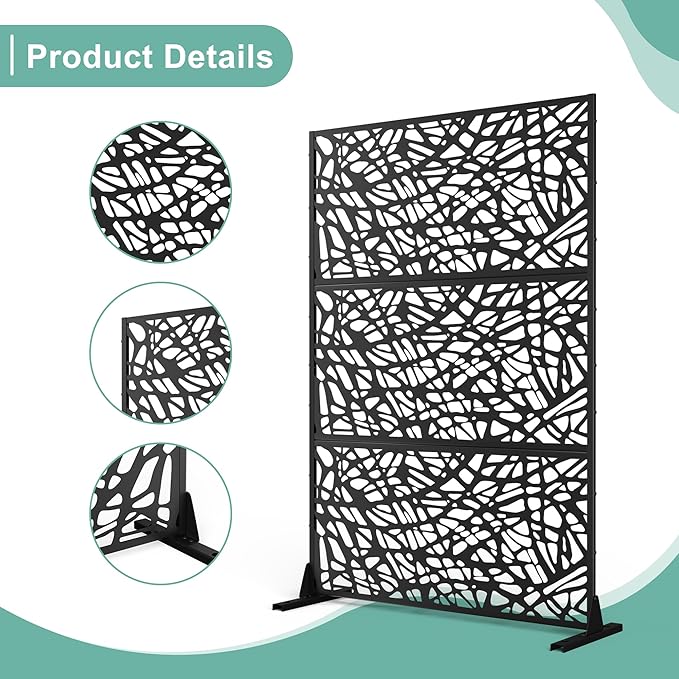Metal Privacy Screen for Outdoor & Indoor Use, Free Standing Privacy Screen for Patio Garden Pool, 72" H x 47" W Decoative Privacy Panels, Weather Resistant, Easy Assembly (Black Net)