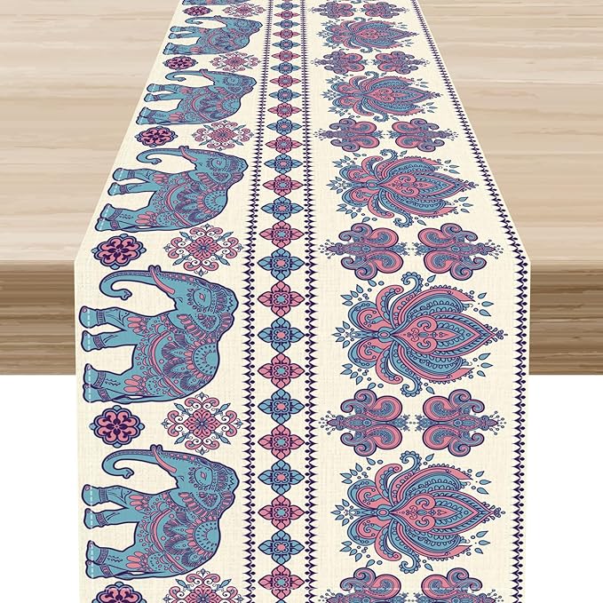 Boho Elephant Table Runner, Rustic African Tribe Animal Damask Diwali India Mandala Art Print Purple Coffee Table Center Decor for Home Kitchen Holiday Party Outdoor Table Decorations, 13"x36"