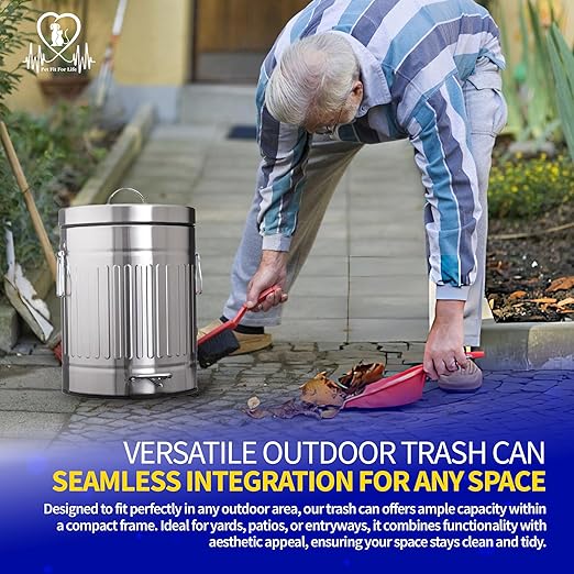 Pet Fit For Life 16" Tall Galvanized Steel Trash Can - Features Step Foot Pedal, Lid Lift - Plastic Inner Lining & Custom Liner Bags - Weather-Resistant, Covered Bin for Lawn & Yard (12L/3.2 Gallons)