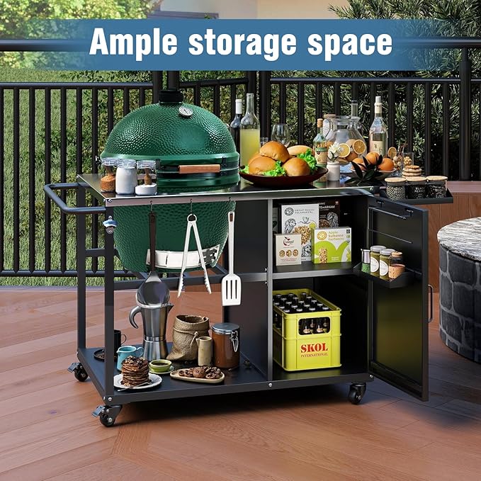 Big Green Egg Outdoor Grill Table, Portable Heavy Duty Grill Cart with Wheels, Plenty of Storage, Fits Large, Medium, and Small Big Green Egg and Kamado Joe Classic Grills