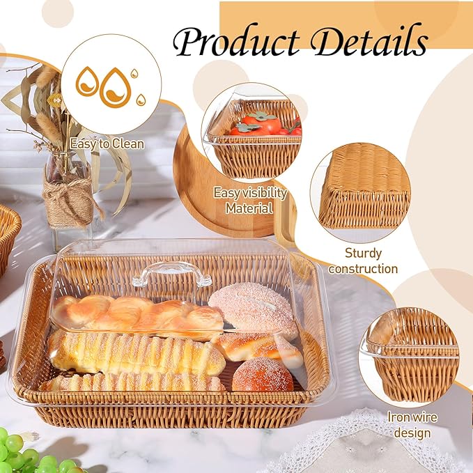 2 Set Wicker Bread Basket for Serving with Acrylic Lid Imitation Rattan Bread Basket Woven Rectangular with Cover for Fruit Food Display Party Easter Picnic(13.78" X 9.84")