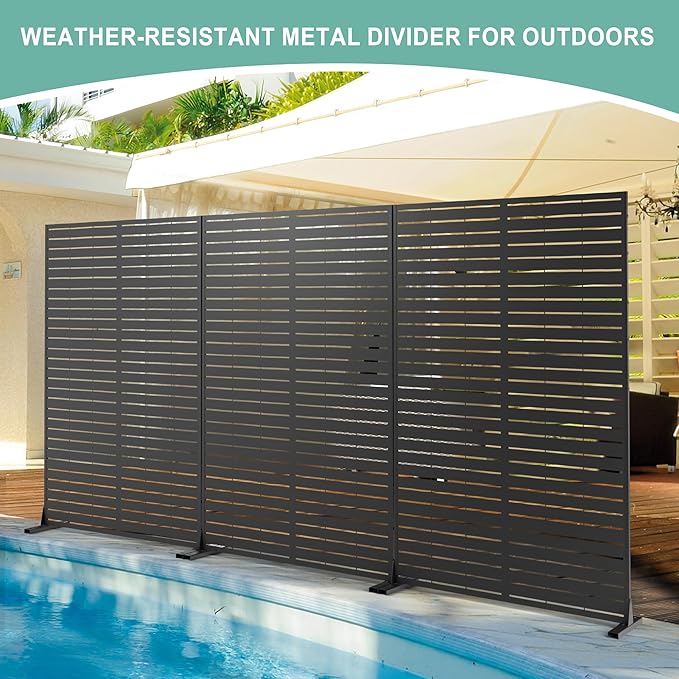 Metal Privacy Screen for Outdoor & Indoor Use, Free Standing Privacy Screen for Patio Garden Pool, 72" H x 44" W Decoative Privacy Panels, Weather Resistant, Easy Assembly (Black Louvered Floral)