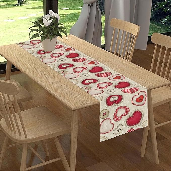 Red Heart Table Runner,Retro Rustic Beige Heart Buttons Polka Dot Valentines Decorations Decor for Family Kitchen and Living Room Outdoor Farmhouse Party Table Decorations, 13"x36"