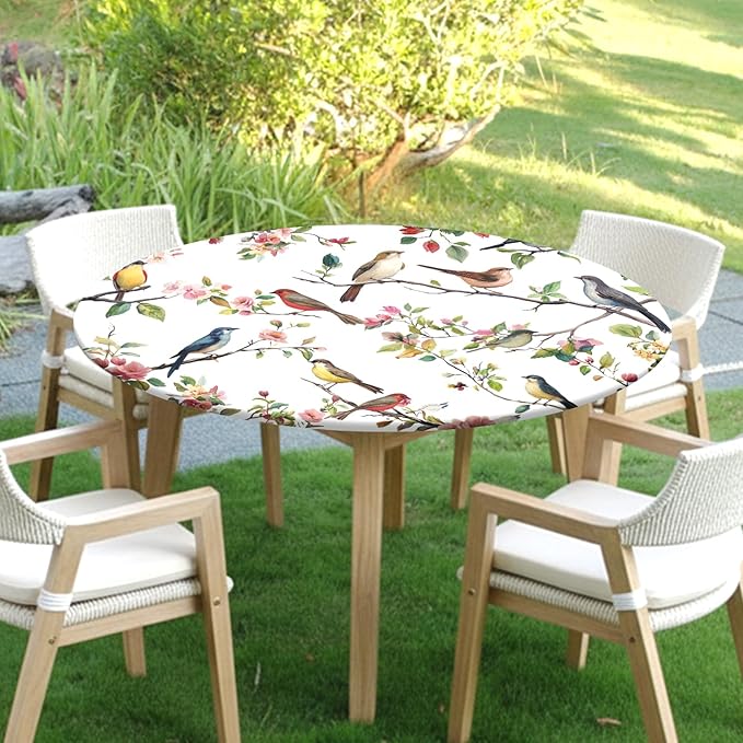 Spring Summer Round Fitted Tablecloth with Elastic Edge Bird Floral Easter Circle Table Cloth for 44-48" Round Tables Wipeable Waterproof Hummingbird Flower Table Cover for Outdoor Picnic Dining Decor