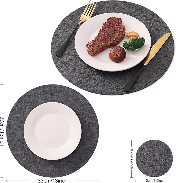 Homaxy Round Faux Leather Placemats and Coasters, Washable Dual-Side Table Mats, Wipeable Heat-Resistant Dining Place Mats for Outdoor and Indoor, Set of 4, Diameter 13 and 3.93 inch, Dark Grey