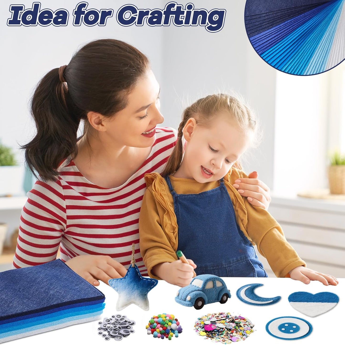 gisgfim 42Pcs Blue Felt Fabric Sheets Craft Kit 8 x 12 Inch Assorted Soft Thick Winter Blue Felt Pack with Wiggle Google Eyes Pom Poms Glitter Patchwork Craft for DlY Sewing Creative Art Project Decor