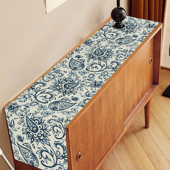 Blue Paisley Table Runner, Vintage Damask Antique Floral Flower Boho Damask Swirled Rustic Coffee Table Center Decor for Family Kitchen and Living Room Outdoor Table Decorations, 13"x90"