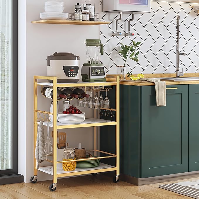 TUTOTAK Bar Cart - Serving Cart for Home - Microwave Cart, Drink Cart, Mobile Kitchen Shelf with Wine Rack and Glass Holder, Rolling Beverage Cart BC01BMG030