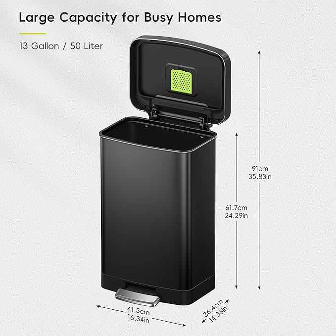 EKO Hudson 50 Liter/13.2 Gallon Kitchen Trash Can with Soft Close Lid, Stainless Steel Step Trash Can, Garbage Can with Rear Trash Bag Storage Compartment for Kitchen, Matte Black