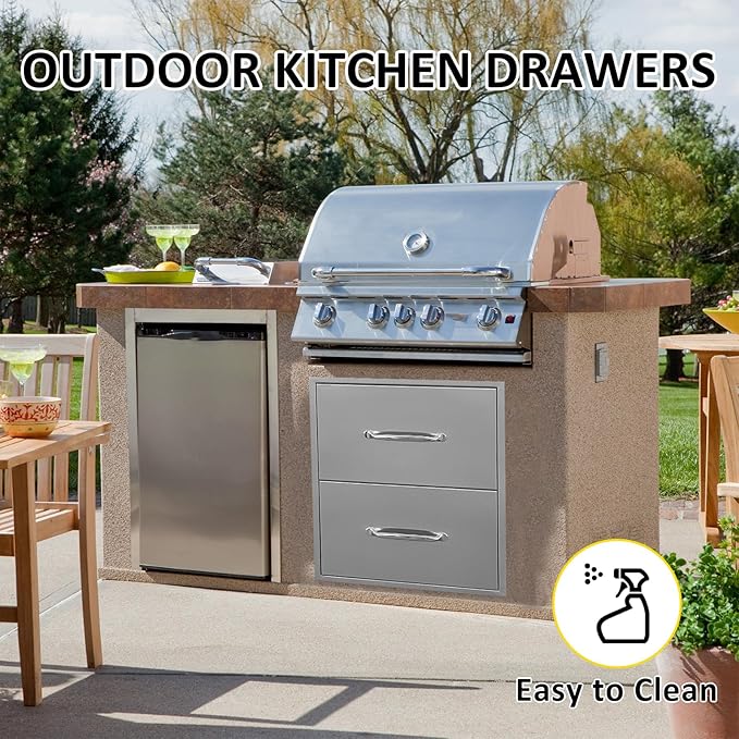 Outdoor Kitchen Drawers 18" W x 21" H x 18" D Flush Mount Double BBQ Drawers with Chrome Handle Stainless Steel Drawer for Outdoor Kitchen Island, Patio Grill Station