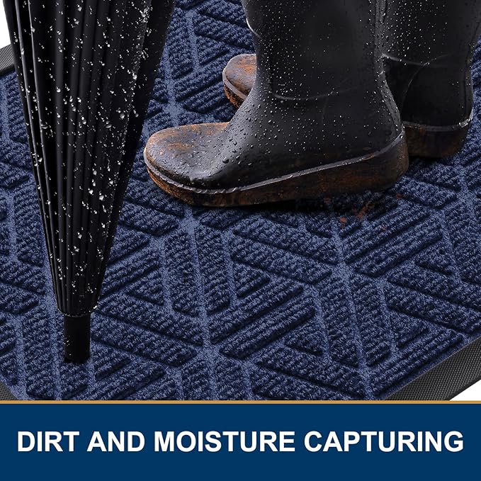 Smiry Front Door Mat Outside Entrance, Heavy Duty Sturdy Natural Rubber Doormat, Trap Dirt and Moisture, Easy Clean Low Profile Mats for Indoor Outdoor Entry, Grid Geometric (47x24, Navy Blue)