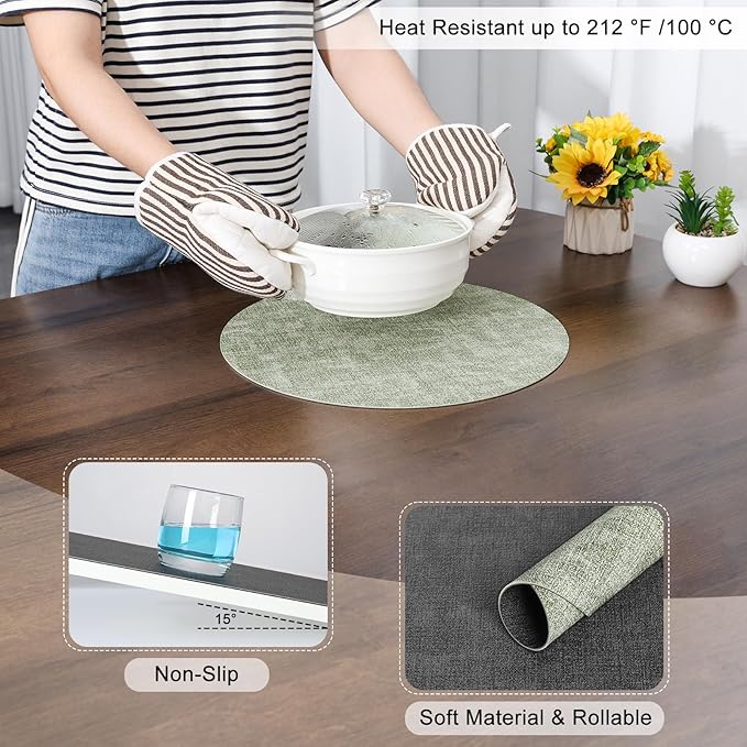 Myir JUN Round Placemats Dual Sided, Faux Leather Place Mats Set of 4 Indoor Placemat for Dining Table Outdoor Place mat Non-Slip Washable Table Mats (Gray Grass Green, Set of 4)