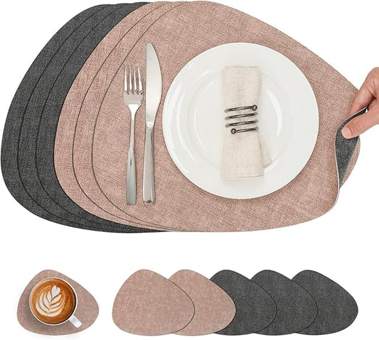 Placemats and Coasters, Washable Reversible Placemats Round Faux Leather Wipeable Place Mats Non Slip Heat Resistant Indoor Outdoor Table Mats (Set of 6, Gray Pink)