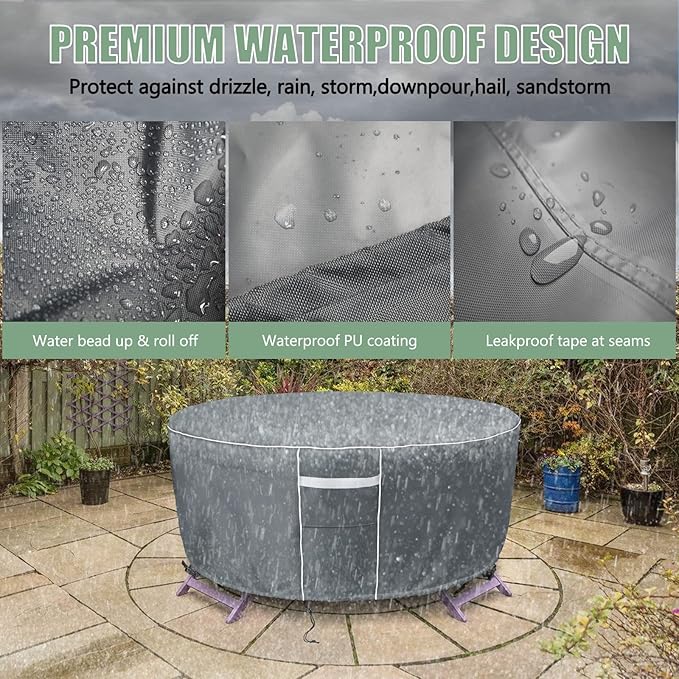 Gasadar Outdoor Round Patio Table Cover Waterproof, Round Patio Furniture Cover Outdoor for Table and Chairs,600D Heavy Duty, 72" Dia x 28" H, Grey