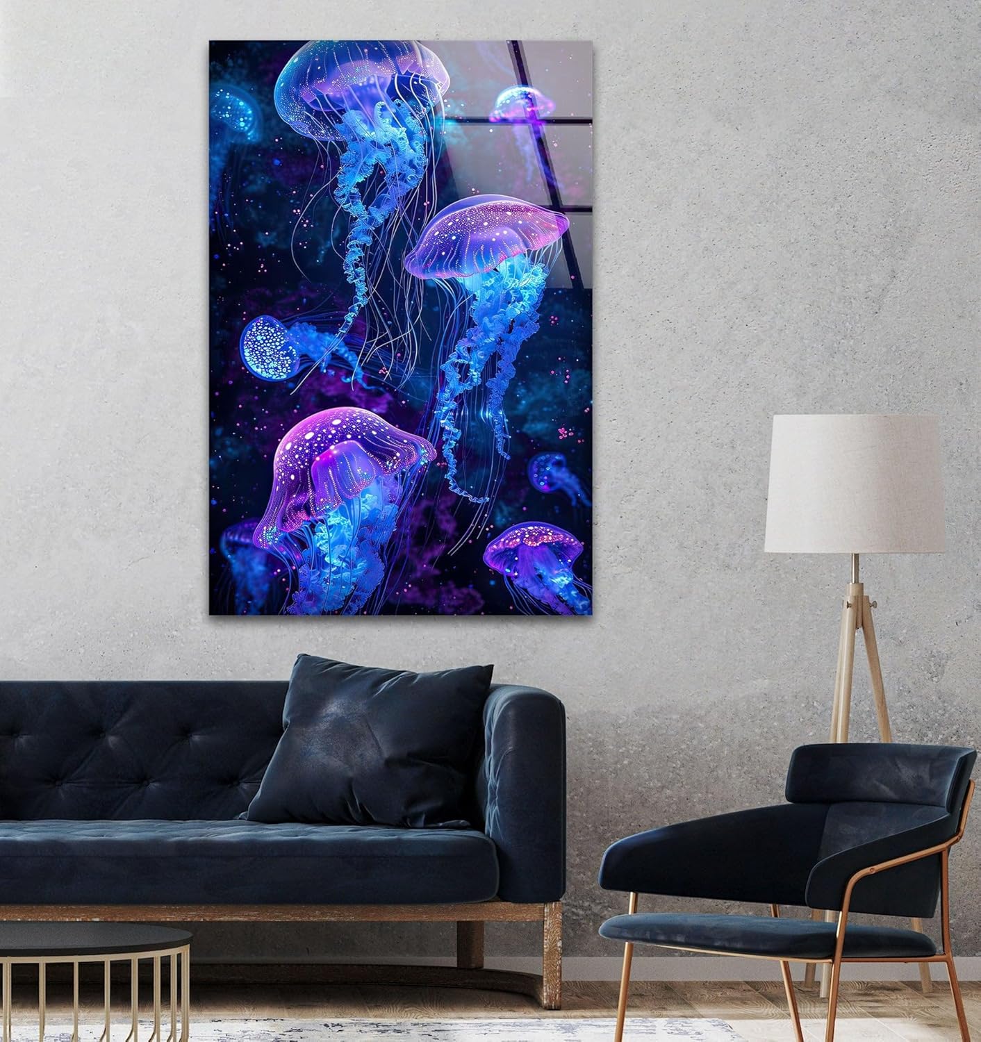 My Photostation.com 27Wx43H'' Glowing Jellyfish Glass Wall Art Tempered Glass Printing Wall Decor Large Wall Art Wall Hangings