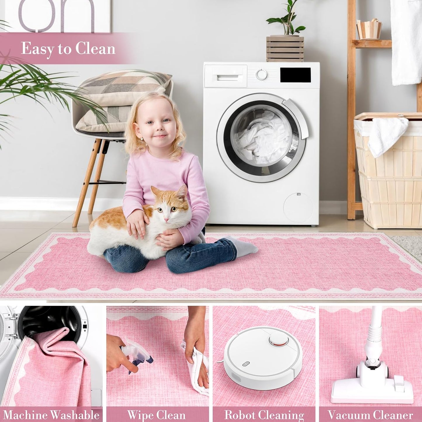 Scalloped Washable Rug 5x7 Area Rugs for Living Room, Solid Pink Rugs for Bedroom Girls, Non Slip Scalloped Rug Throw Mat with Rubber Back, Soft Dorm Nursery Low Pile Carpet for Dining Room