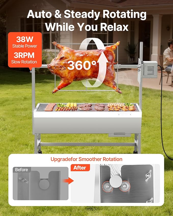VEVOR Rotisserie Grill, 37in BBQ Outdoor Pig & Lamb Spit Roaster, Charcoal Spit Roaster with 132 LBS Capacity, Wheels, 7-Level Height, Stainless Steel Electric Rotisserie Grill Kit for Camping Outdoor