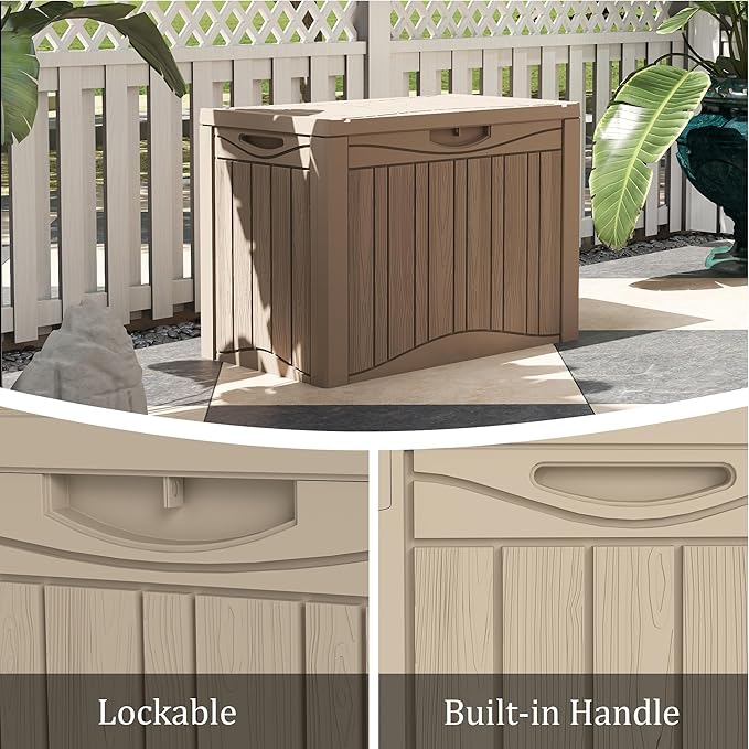 50 Gallon Plus Resin Deck Box, Waterproof Outdoor Storage Box for Patio, Poolside, and Garden, Lockable UV-Resistant Storage Bin Bench Cabinet for Small Spaces, Grey