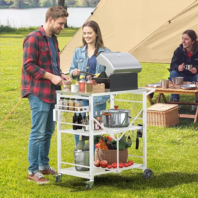 Ciokea Folding Outdoor Grill Cart with Wheels, 3-Shelf Grill Table with 27x18 inch Stainless Steel Top, Rolling Pizza Oven Stand, Metal Portable Cart for BBQ Patio Camping (White)
