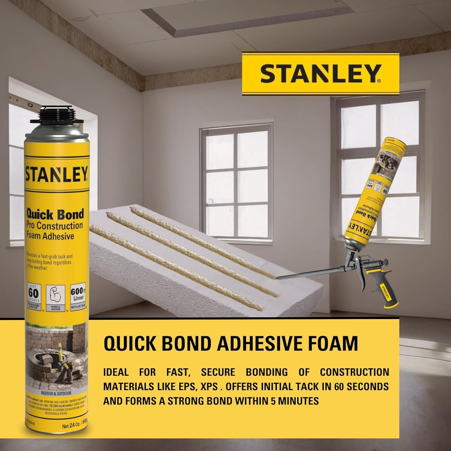 Stanley Quick Bond Adhesive Foam - 1x24oz, Reliable Bond Adhesive for Various Materials, Strong bonding, No Mixing, Gun Use, Gun NOT Included | 1 Pack