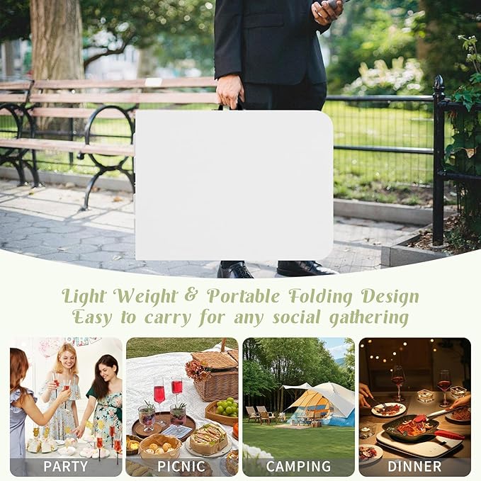 Fivenl 2 Pack 6 FT Folding Tables White Foldable Table, Fold-in-Half with Carrying Handle Portable Plastic Rectangular Table for Party, Dining, Wedding, Camping, Picnic, Indoor Outdoor Events