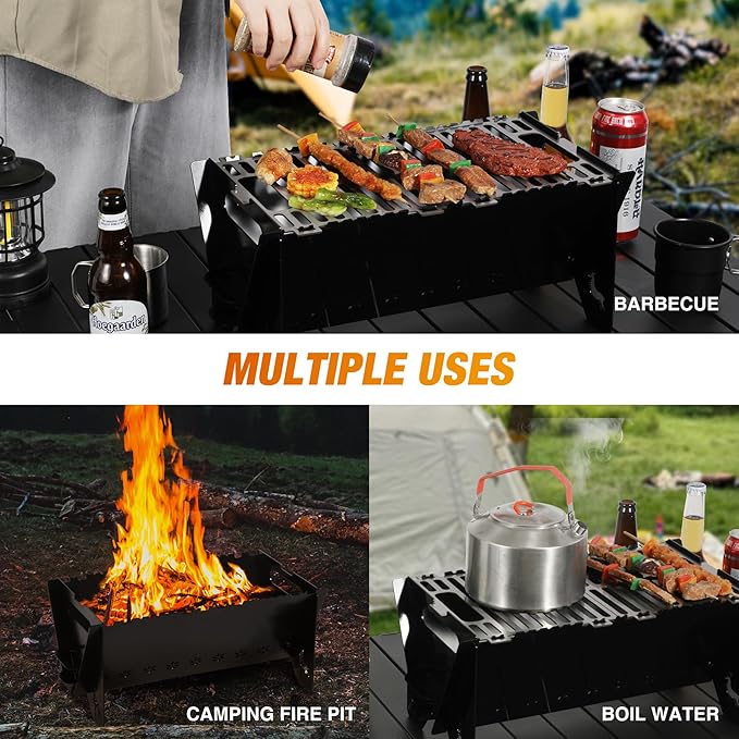 Lineslife 16 Inch Portable Camping Campfire Grill, Heavy Duty Charcoal BBQ Grill FirePit Grills with Stainless Steel Cooking Grate and Carry Bag for Outdoor Camping Backyard Party Cooking