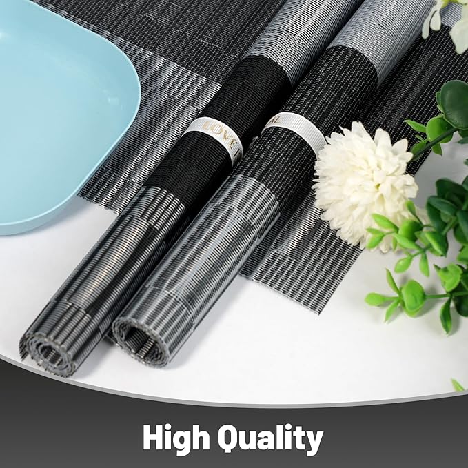 Placemats Set of 6，Non-Slip PVC Weave Table Mats Easy to Clean，Heat Resistant Place Mats for Kitchen Dining Table Decoration Indoor Outdoor，Black Gray