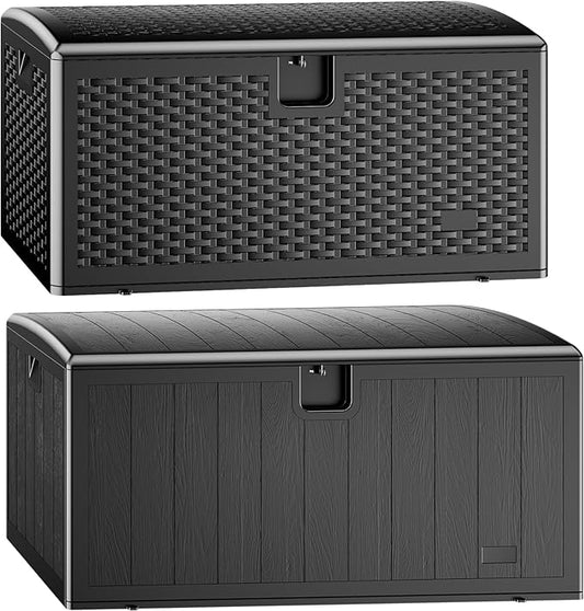 JEKO&JEKO 205 Gallon Outdoor Storage Box Set, 2-Pack (75 Gallon & 130 Gallon) Deck Boxes with Lockable Lid for Patio and Garden, Black