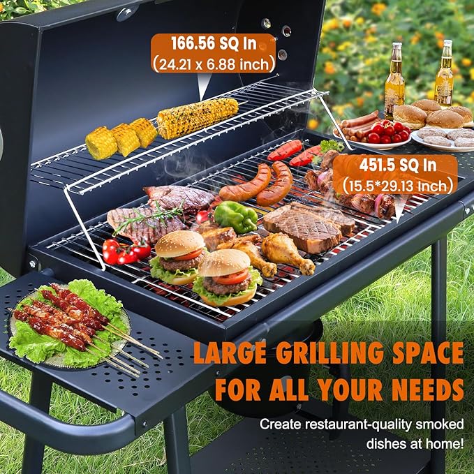 Realcook BBQ Barrel Charcoal Grill: Spacious Premium Outdoor Barbecue Grills with Side Tables - Perfect for Outdoor Cooking Backyard Grilling Patio Tailgating Camping Picnic and Party