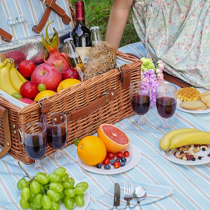 HappyPicnic Wicker Picnic Basket Set for 4 Persons | Large Willow Hamper with Large Insulated Cooler Compartment, Waterproof Blanket and Cutlery Service Kit-Classical Brown