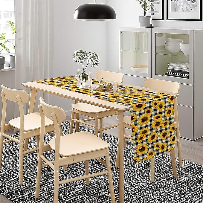 Summer Sunflower Table Runner, Sunshine Seasonal Buffalo Plaid Table Runner for Indoor Home Party Kitchen Dining Outdoor 13x36in