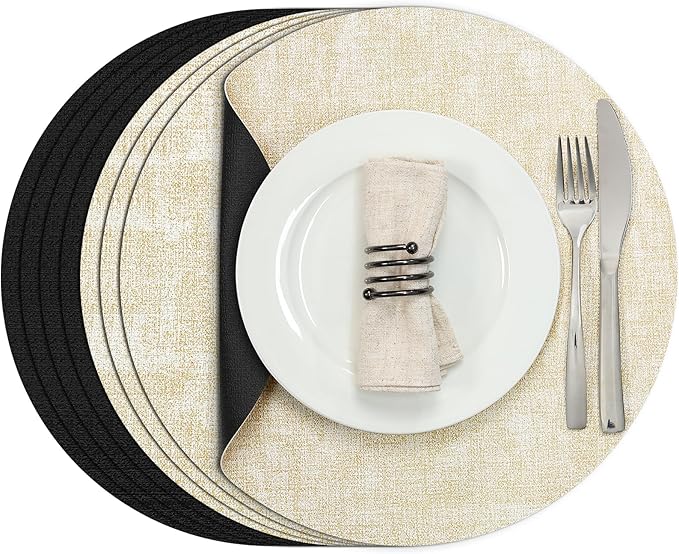 Myir JUN Round Placemats Dual Sided, Faux Leather Place Mats Set of 4 Indoor Placemats for Dining Table Outdoor Placemats Non-Slip Washable Table Mats (Set of 8, Cream Black)