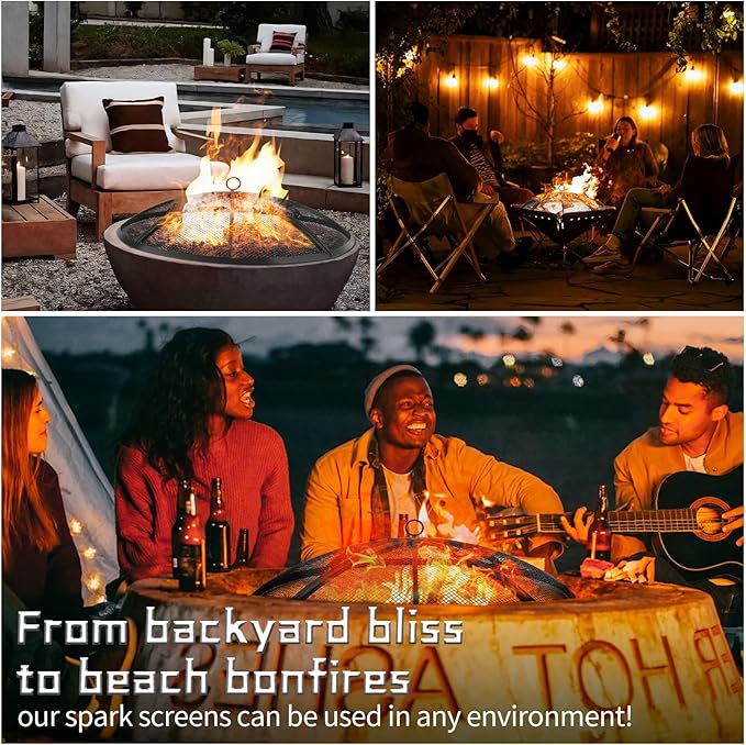 Fire Pit Spark Screen, Outdoor 30 Inch Round Fire Pit Screen with Foldable Hook and Fire Safety Gloves, Heavy Duty Steel Mesh Fire Pit Cover, Fire Pit Lid for Backyard, Beach, RV Camping