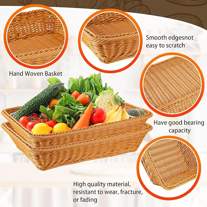 Tioncy 10 Pcs Poly Wicker Bread Basket 17.72 x 13.78 x 3.15 Woven Bread Imitation Rattan Fruit Basket Tray Stackable Rectangular Food Baskets for Serving Display Storage Kitchen Restaurant Vegetable