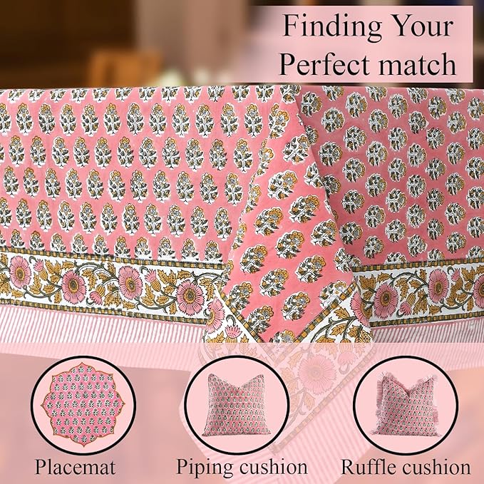 CPC Tablecloth 100% Cotton 70x118 Inch Indian Block Print Rectangle Table Cover, Washable Table Cloth for Weddings, Spring/Summer, Barbeque - Poppy Pink