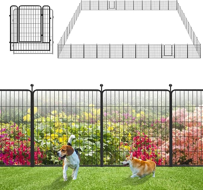 Garden Fence with Gate Metal Fencing Outdoor for Yard, 32in x96ft 42 Panels Outdoor Dog Fence Temporary Fence for Dogs Outside, Rustproof Garden Fencing Flower Bed Edging for Patio