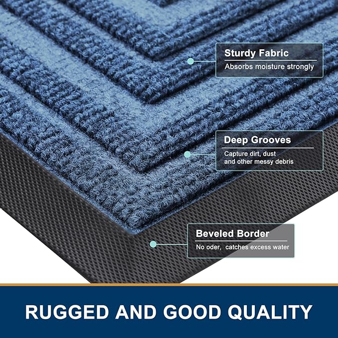 Buganda Front Door Mat Indoor Outdoor Entrance, Non-Slip Natural Rubber Doormats, Easy Clean, Low Profile, Dirt Trapper Entryway Floor Mats for Outside, Garages and Patios, 47x32, Light Blue