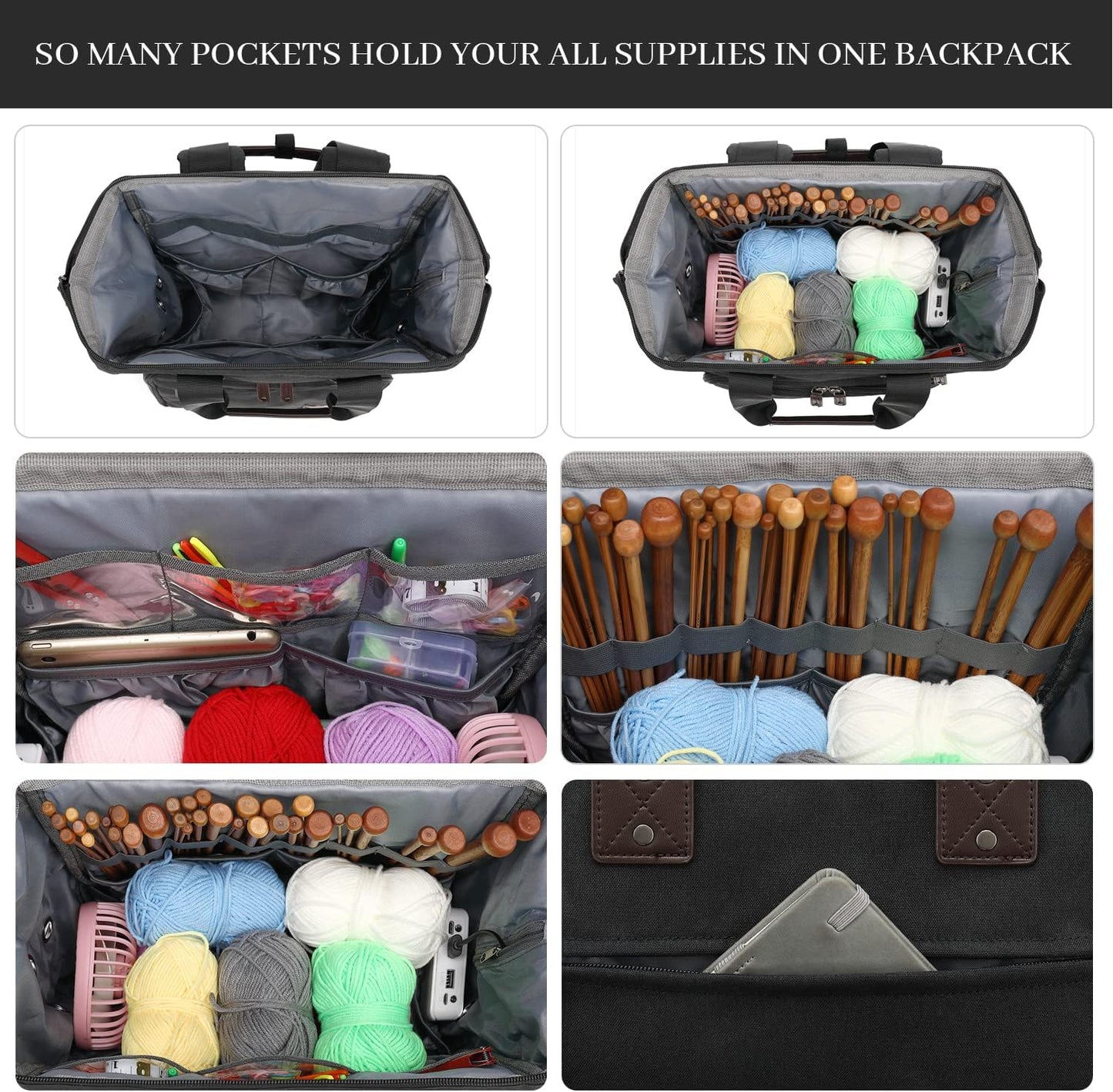 Crochet Backpack,Knitting Bag Backpack Yarn Storage Organizer Travel Crochet Bag with USB Charging Port,Yarn Tote Bag Yarn Holder Case for Knitting Needles, Crochet Hooks,Crochet Accessories,Black