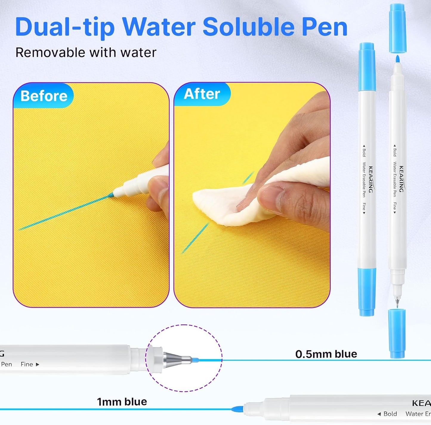 Fabric Markers for Sewing, 5 Count Pack, Includes 2 Water Soluble Fabric Marker 2 Air Erasable Pens 1 Eraser Marker, Disappearing Ink Pen, Sewing Quilting Embroidery Supplies