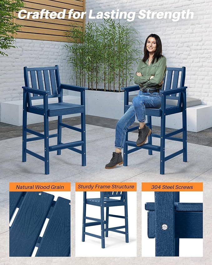 Adirondack Bar Chair Set of 2, HDPE Tall Adirondack Chairs Bar Stools with Footrest, Outdoor Bar Height Stool Chair Set, HDPE Patio Barstools Set for Poolside, Balcony, Garden, Navy