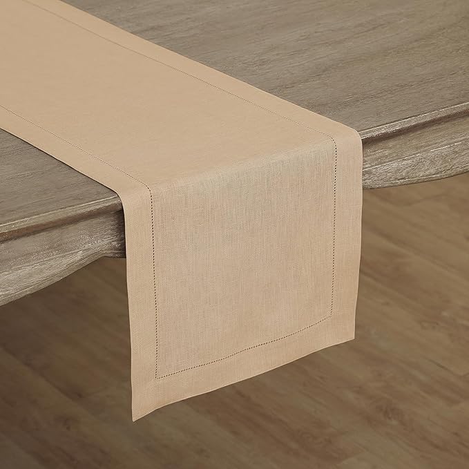 Solino Home Linen Beige Table Runner 108 Inches Long - 100% Pure Linen 14 x 108 Inch Table Runner for Spring, Easter - Classic Hemstitch