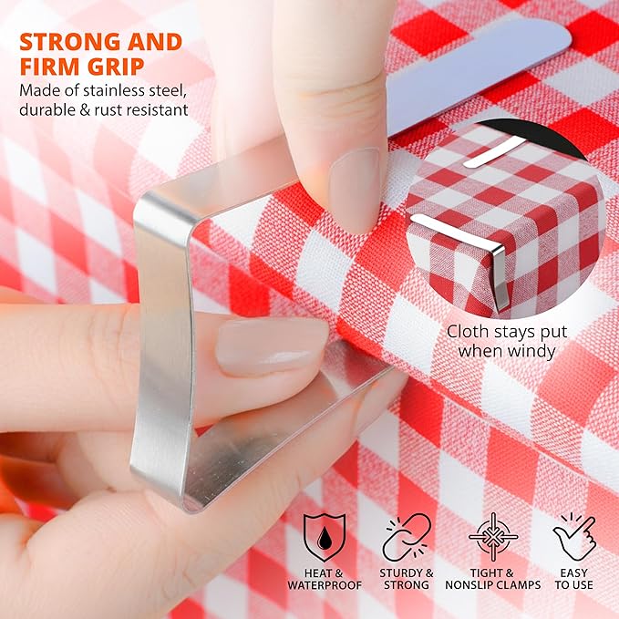 12 Pack Large Tablecloth Clips with 3 Tablecloths - Stainless Steel, Heavy Duty Table Clips for Home, Restaurants, Picnic, Party, Dining Tables - Fits Up to 1.8~3 Inch Thick Tables