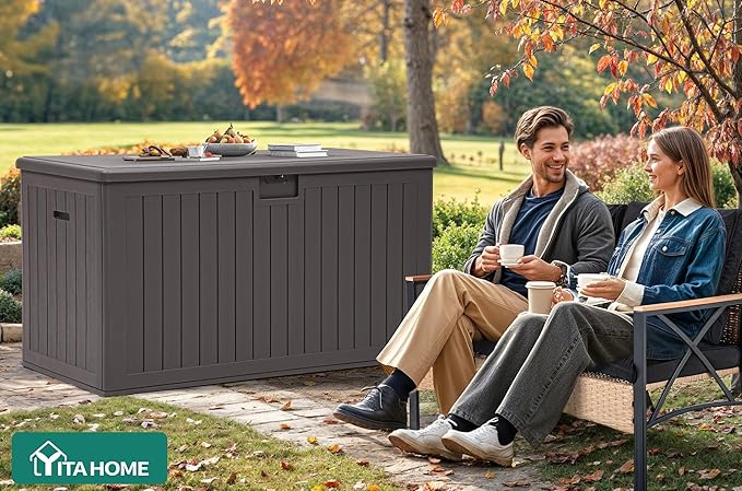 YITAHOME 200 Gallon Extra Large Deck Box, Double-Wall Resin Outdoor Storage Box with Flexible Divider for Patio Cushions Pool Supplies Garden Tools, 990 lbs Load Capacity, Lockable (Brown)