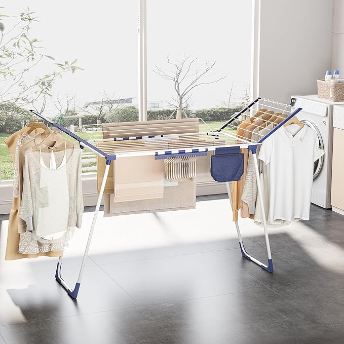 APEXCHASER Clothes Drying Rack Foldable - Drying Rack Clothing Large Space, Winged Laundry Rack with Sock Clips for Hanging Towels Clothes Dress Bedding Indoor Outdoor, White